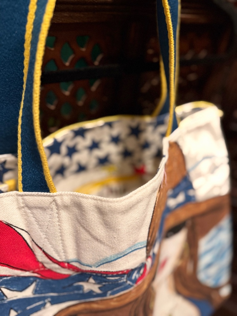 Brighton Canvas Tote with Patriotic Beach Illustration - Blue, Red, Tan, White - Picture 3 of 6